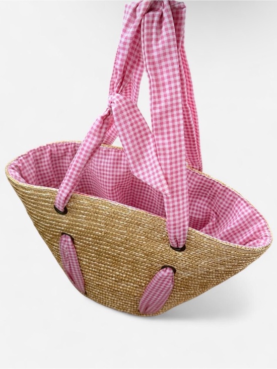Coquette Handbags - Pink Gingham-Lined Straw Tote Bag